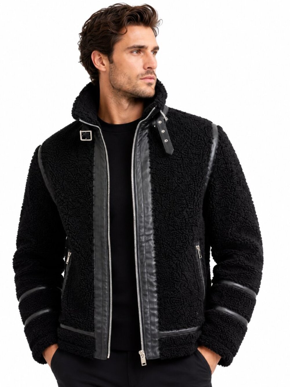 Karl Lagerfeld Paris Black Sherpa Leather Trim Jacket Men’s M NWT